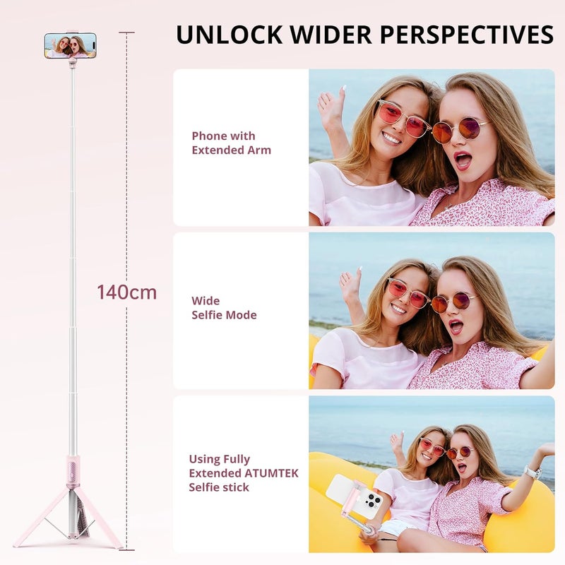 ATUMTEK 55" Selfie Stick Tripod, All-in-one Extendable Aluminum Phone Tripod with Rechargeable Bluetooth Remote for iPhone and More, Fitting 4.7-7 inch Smartphones, Pink - Image 5